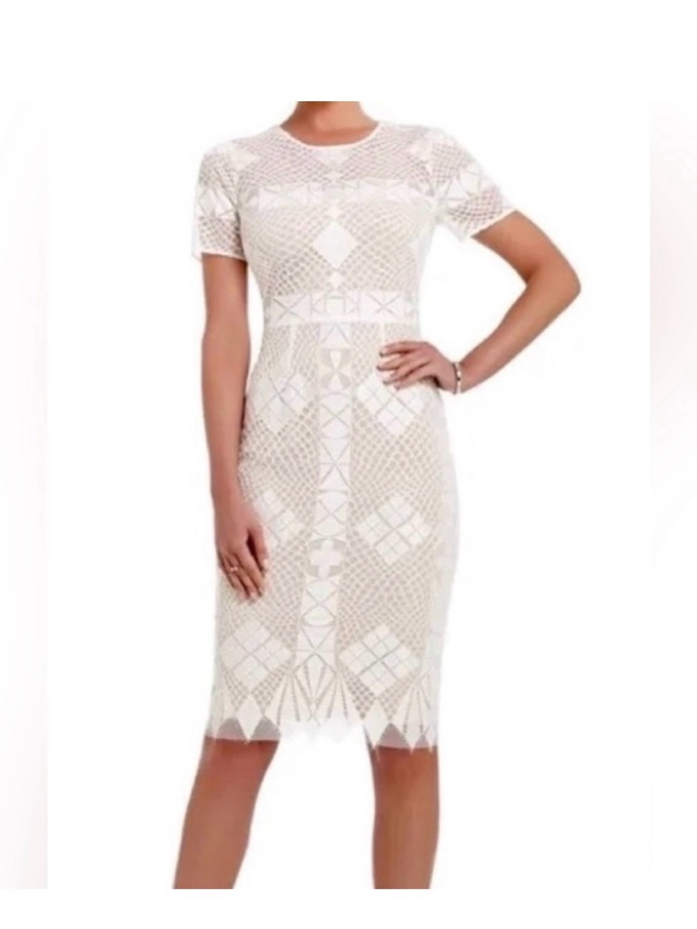 BCBG MaxAzria Samara White Lace Sheath Dress with cream underlay